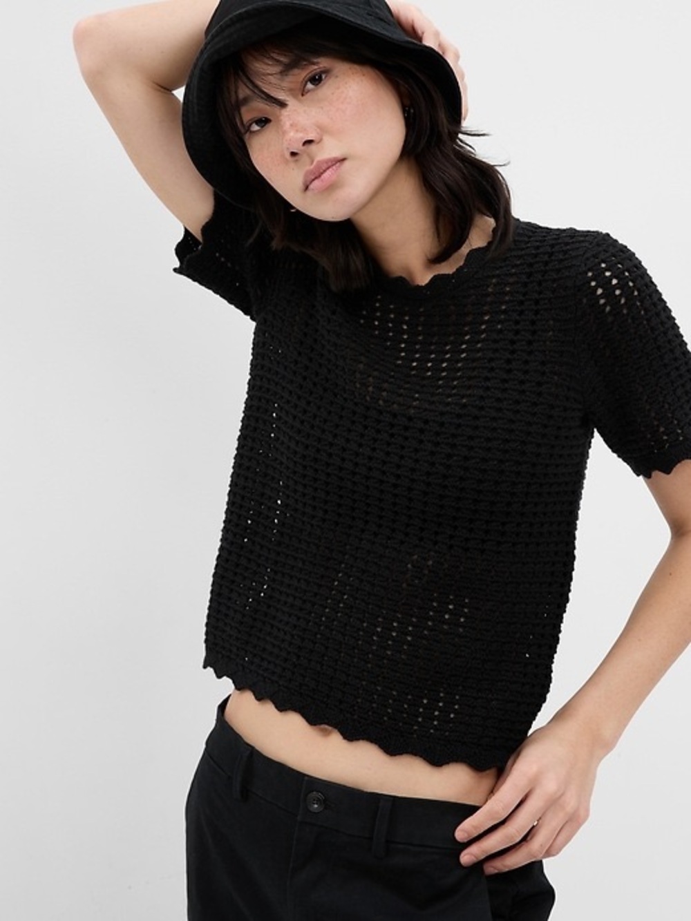 GAP Black Crocheted Short Sleeve Sweater